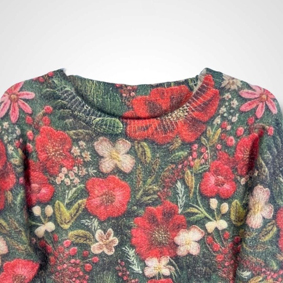 Floral Sweater Womens XL Green‎ Red Allover Print Pullover Crewneck Long Sleeve - Picture 4 of 8